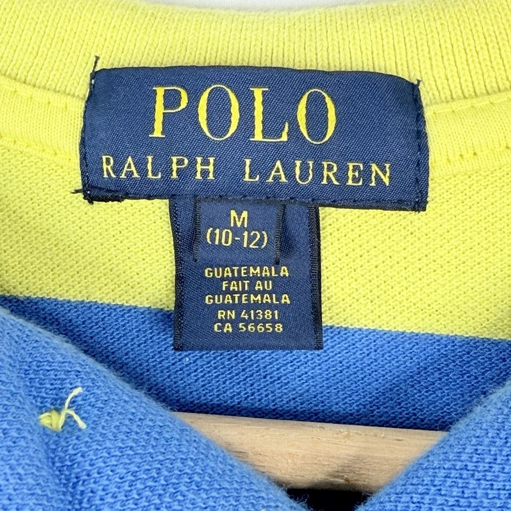Ralph Lauren Youth Yellow Blue Striped Short Sleeve Rugby Polo Shirt SZ- M 10/12